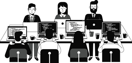 Illustration of a diverse team of software developers working on coding projects at their desks, symbolizing collaboration and productivity in a modern tech environment isolated on white background
