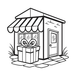 Clean black and white outline vector illustration of a charming storefront with a prominent gift box, ideal for shopping, retail, and celebration icons