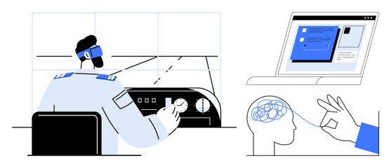 Pilot interacting with virtual cockpit controls, brain interface visualization, and AI interface on screen. Ideal for technology, innovation, aviation, virtual reality, training, artificial