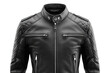 © Syahrul - Black leather moto jacket with quilted shoulders and zip pockets.