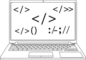 A laptop displaying various coding symbols on its screen, isolated on white background this illustration represents software development, programming, and the digital world of technology