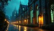 © Pete - Gothic cathedral at night. Wet pavement reflects street lights. Building has arched windows. Green toned stained glass. Evening, dark sky. Fog gives moody ambience.