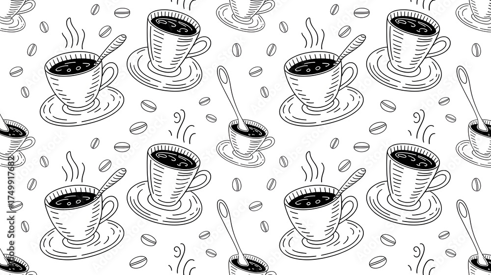 Coffee Seamless Doodle Pattern with Cup, Spoon, Beans, Black and White ...
