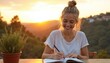 © Pete - A young woman writes in a notebook outside at sunset. Blonde girl smiles while journaling outdoors during golden hour. Female enjoying peaceful evening planning goals in a notebook with a pen