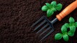 © ujang - Top view of garden pitchfork on soil with basil plants symbolizes new beginnings