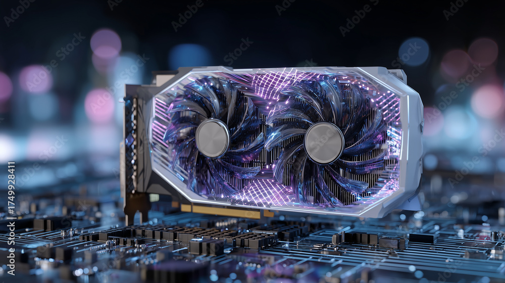 Ultra-detailed gaming graphics card showcased under spotlight with tech ...