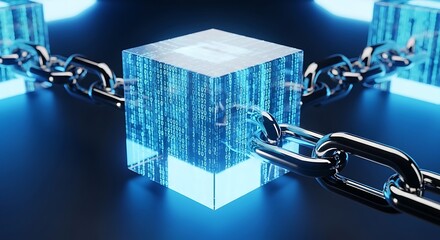 Glowing blue digital cube connected by heavy metal chain links symbolizing blockchain technology