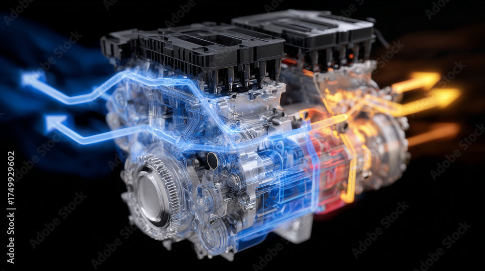 Gradient Cooling Systems Semi-transparent 3D render of modern car engine cooling system with ...