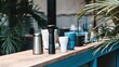 © Phraewa_Aumnartsak - Modern coffee setup with stylish mugs and a tropical backdrop