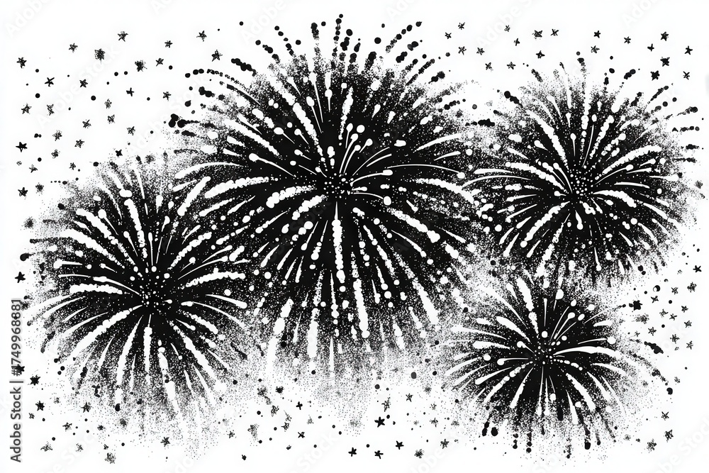 Bright fireworks burst in the night sky, showcasing varied patterns and colors. The scene is lively, celebrating a festive occasion and creating a sense of joy and excitement in the air.