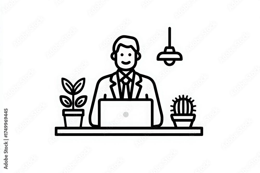 A man in a suit stands at a wooden desk with a laptop open in front of him. Two potted plants sit on either side of the desk. A hanging light illuminates the workspace.
