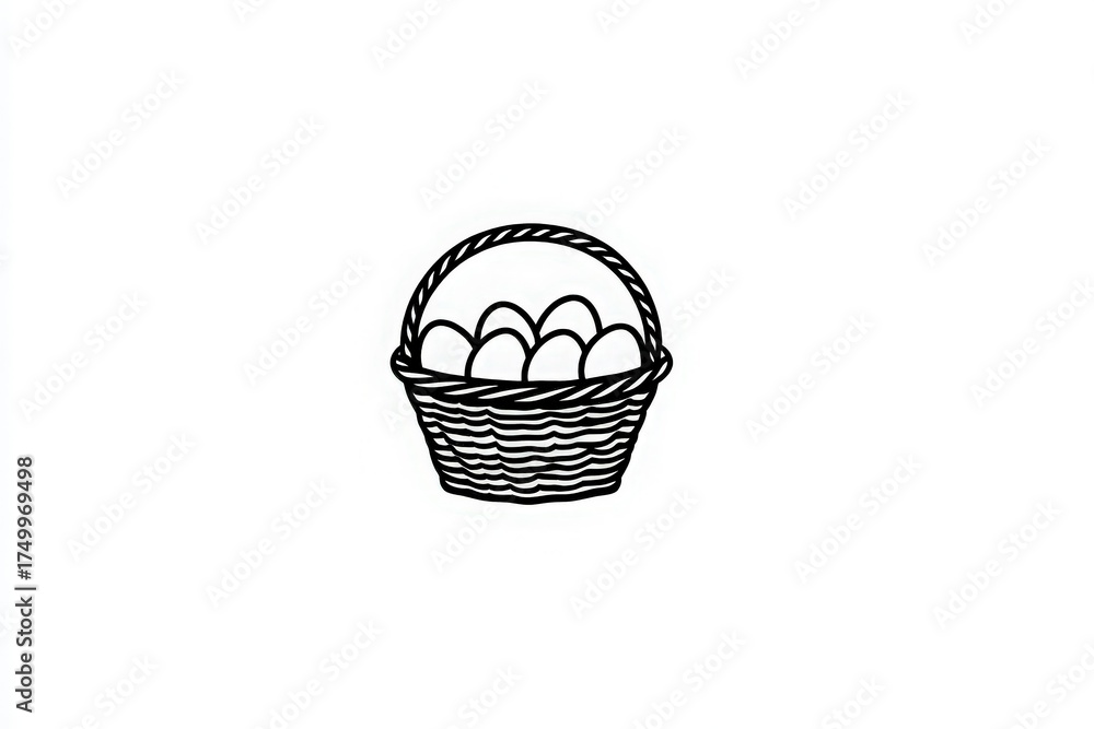 A simple basket made of woven material is filled with several eggs. The basket has a twisted handle and is placed against a plain white background, creating a clean look.