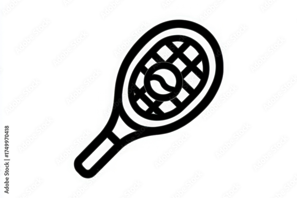 A clean black outline illustration of a tennis racket. The racket has a circular head with a ball depicted in the strings, showcasing a sports theme perfect for tennis-related activities.