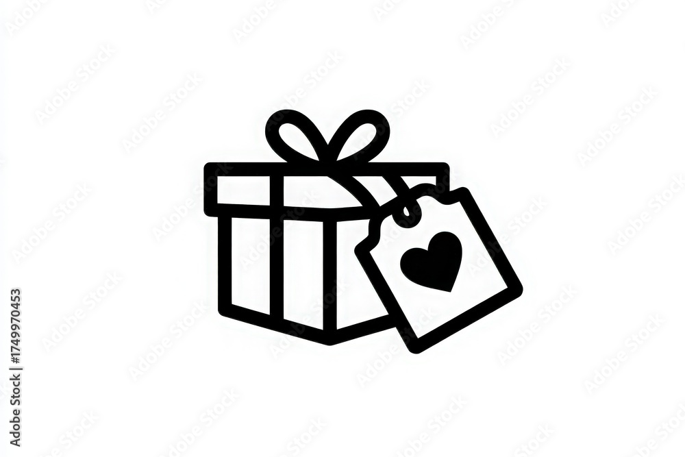 A simple, black outline of a gift box tied with a bow. A tag attached to the box features a heart design, perfect for representing love and celebrations.