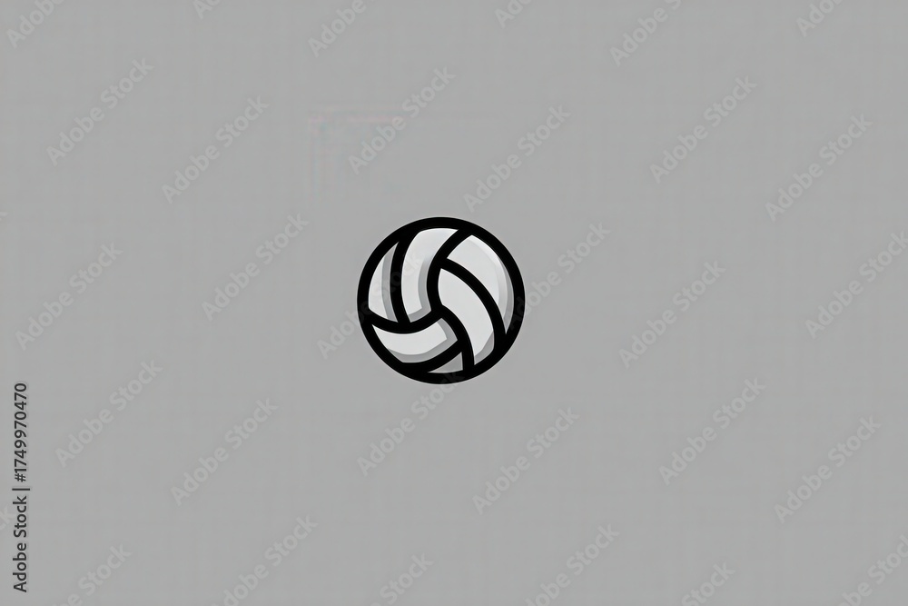 A minimalistic design showcases a stylized volleyball in black and white. The ball is centered against a simple gray backdrop, highlighting its shape and lines.