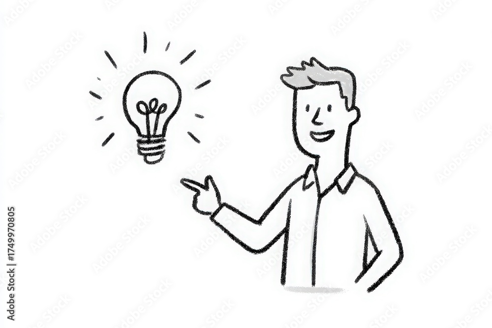 A person smiles while pointing to a glowing light bulb, symbolizing creativity and innovative thinking. The sketch-style drawing emphasizes the excitement of new ideas.