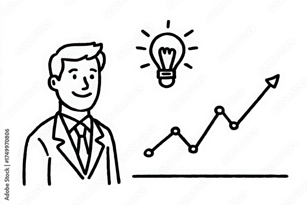 A business professional dressed in a suit stands beside a graph showing an upward trend. A light bulb above indicates a new idea or inspiration in a financial context.