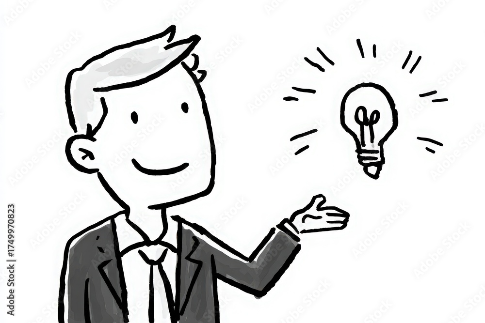 A smiling business professional in a suit gestures with one hand, presenting a light bulb symbolizing inspiration and creativity.