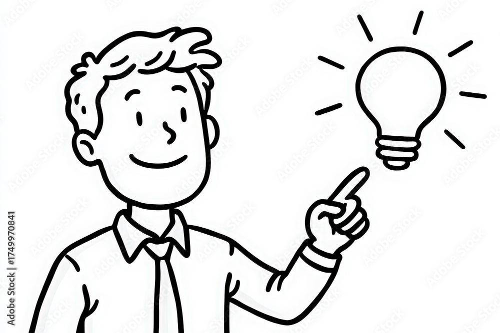 A cheerful person wearing a shirt and tie is pointing upward with a smile. Above the persons hand is a light bulb, representing an idea or inspiration. The scene conveys a moment of realization.