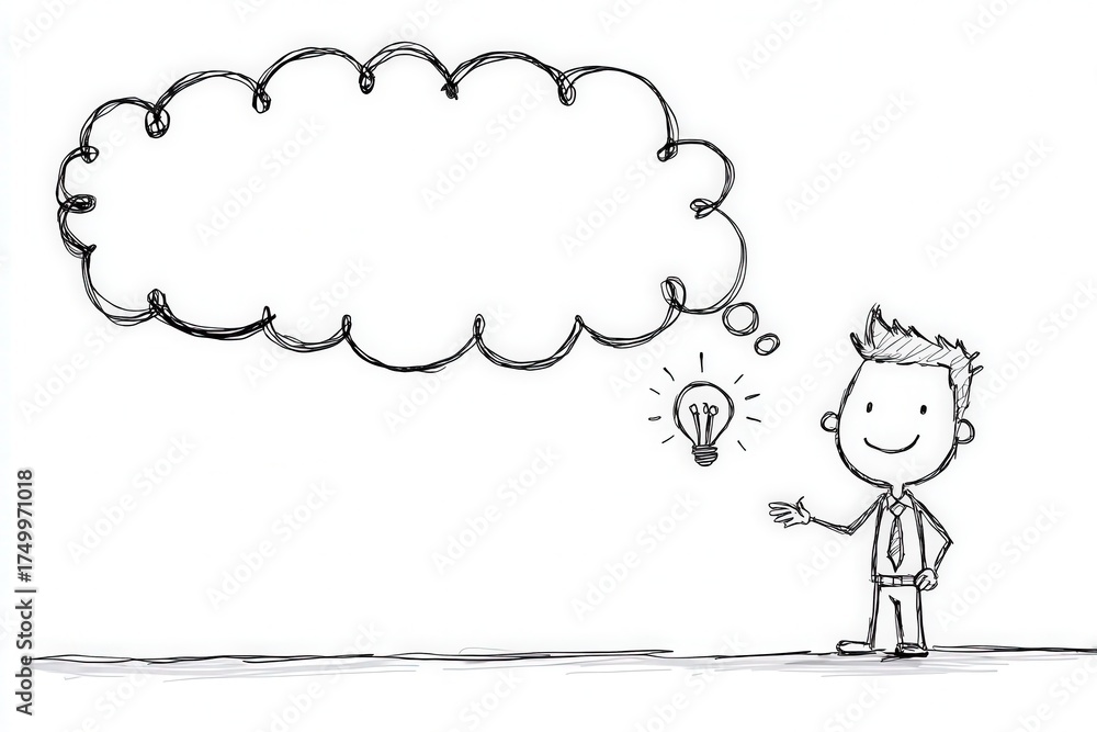 A businessman stands with a smile and a suit, thinking deeply. Above his head is a blank speech bubble, and a light bulb appears to represent a new idea.
