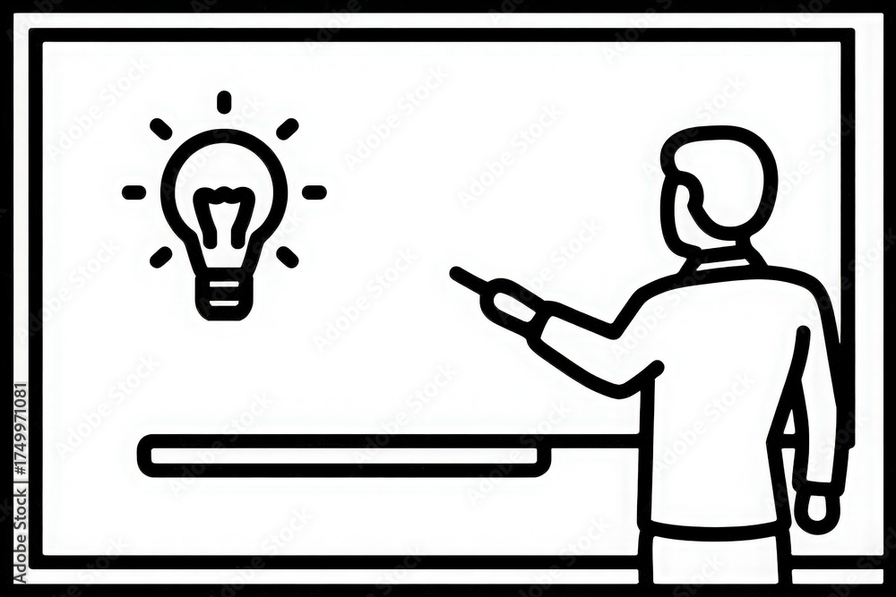 A person is standing in front of a classroom board, pointing towards a bright light bulb symbol that represents an idea.