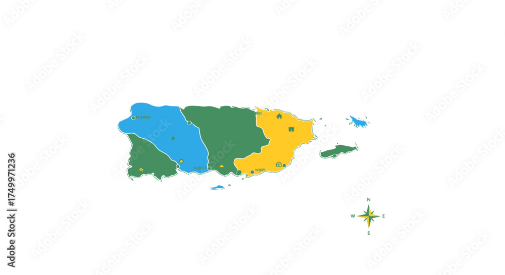 Puerto Rico Adobe Stylized Map of Puerto Rico Highlighting Geographical Regions and Key ...