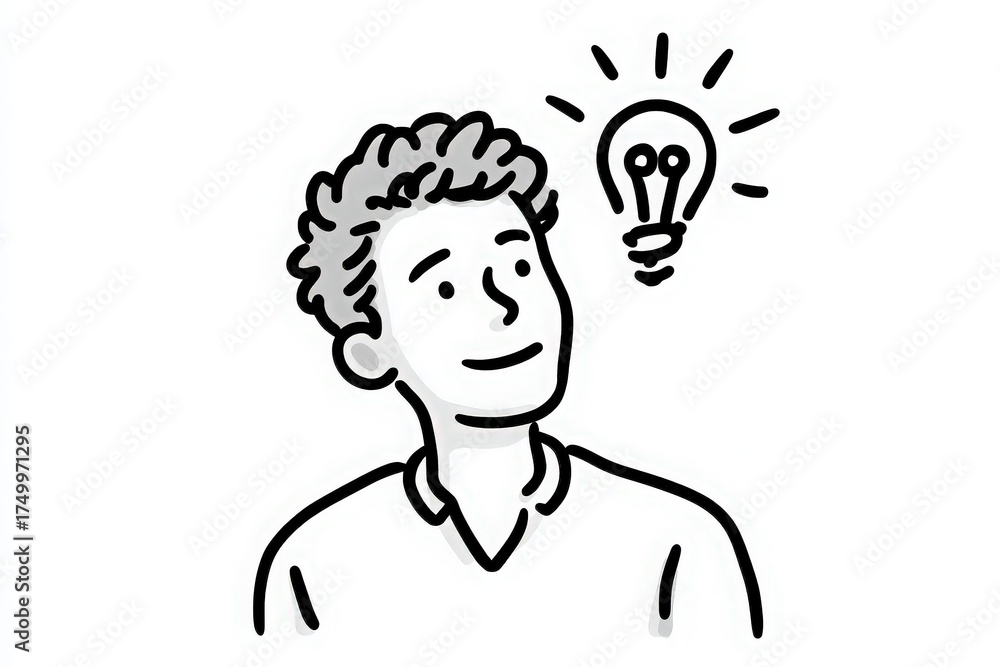 A young man with curly hair looks thoughtfully while a light bulb appears above his head, symbolizing inspiration and innovation. The scene captures a moment of creative thinking and idea generation.