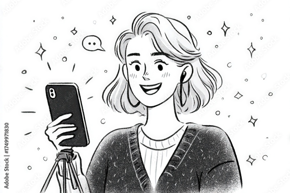 A cheerful woman with short hair smiles as she uses her smartphone. She wears earbuds and stands in a lively environment, surrounded by sparkles that convey happiness and excitement.