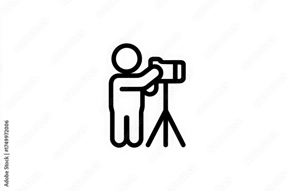 A person stands in a focused pose, holding a camera aimed at a subject while positioned on a tripod.