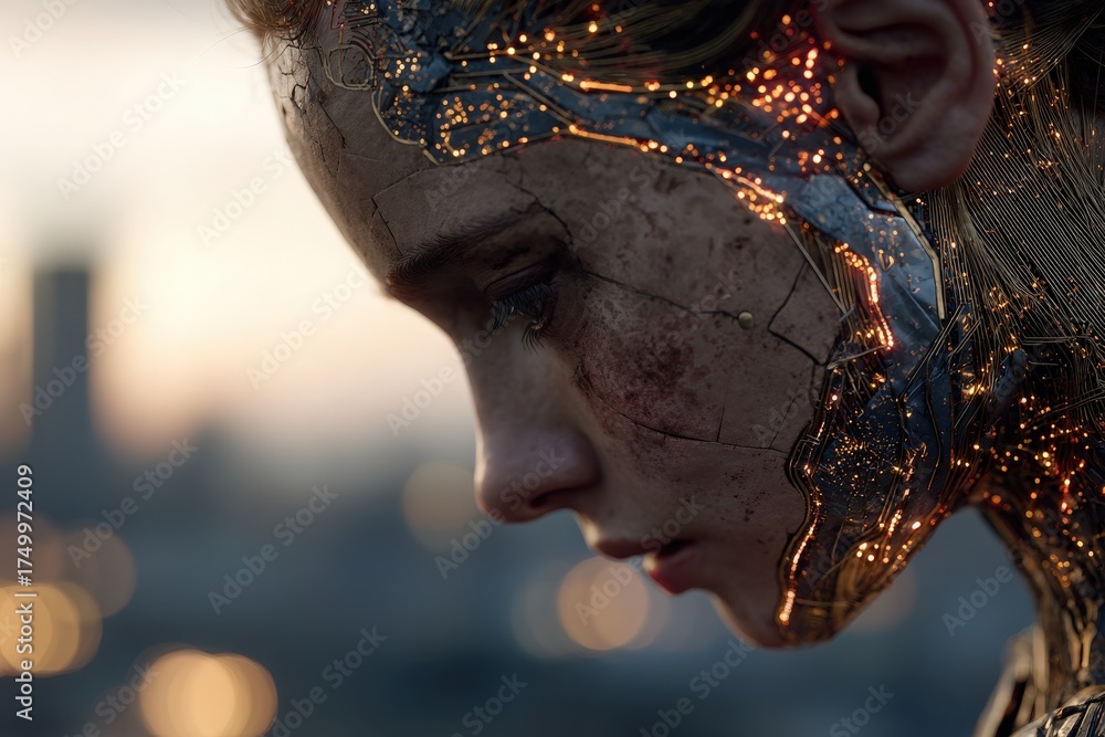 A close-up view of a humanoid android featuring intricate glowing circuitry on its face. The backdrop shows a blurred city skyline at sunset, adding a dramatic effect.