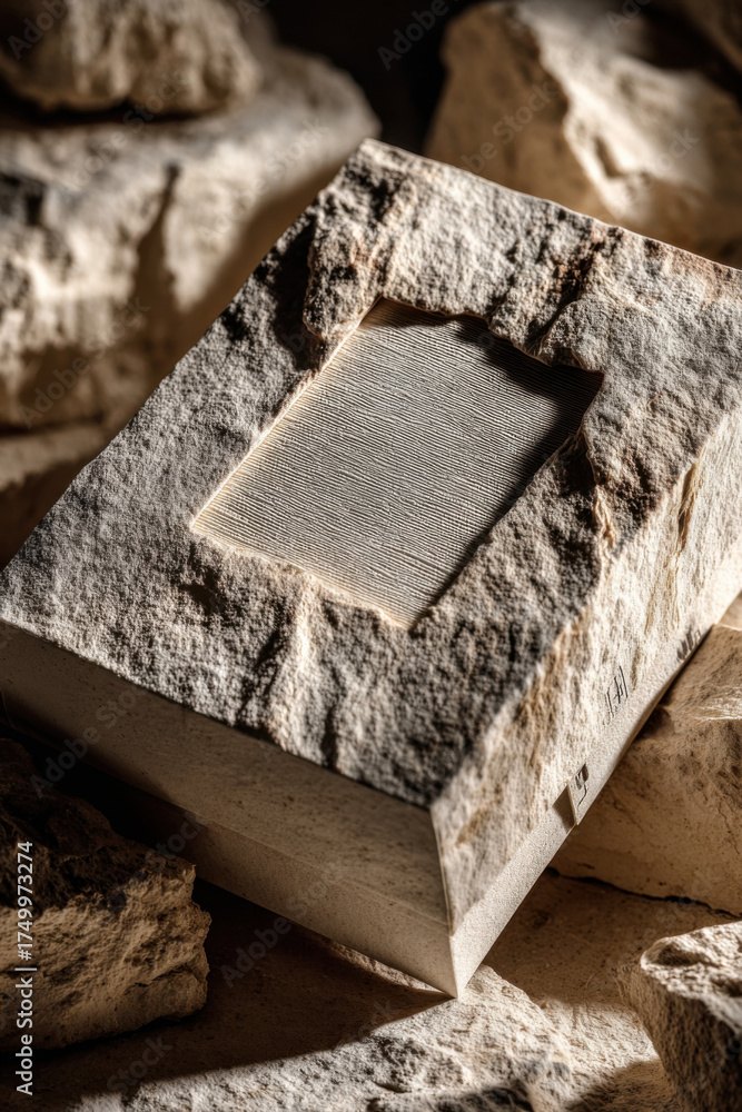 Craftsmanship in stone carving revealed through a detailed block of limestone and surrounding rough stones, showcasing the raw beauty of natural materials in a serene workshop setting