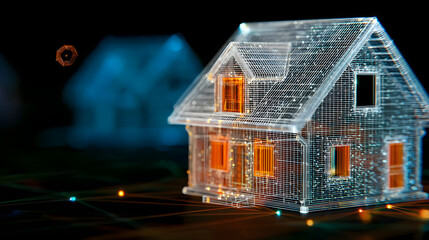 Wall Mural - Digital hologram of a house with glowing orange lines on dark background representing smart home technology and futuristic construction concept
