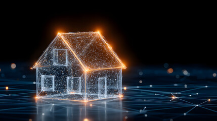 Wall Mural - Digital hologram of a house with glowing orange lines on dark background representing smart home technology and futuristic construction concept
