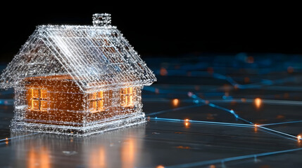 Wall Mural - Digital hologram of a house with glowing orange lines on dark background representing smart home technology and futuristic construction concept
