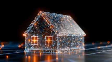 Wall Mural - Digital hologram of a house with glowing orange lines on dark background representing smart home technology and futuristic construction concept
