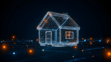 Wall Mural - Digital hologram of a house with glowing orange lines on dark background representing smart home technology and futuristic construction concept
