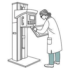 A scientist wearing a lab coat and glasses is operating a complex scientific machine with a digital display and buttons holding a tray