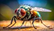 © Broaq - A close-up of a fly, showcasing its large red eyes and iridescent body. The insect is positioned on a wooden surface