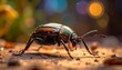 © Brocen - A close-up of an iridescent beetle on a rough surface with a blurred background of bokeh lights. The insect is in focus