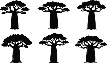 Baobab tree silhouette collection, African flora illustration, thick trunk iconic trees, black vector artwork, educational botanical drawing, exotic tropical forest design