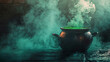 © ArtistryAxis - AI Generated - Cauldron filled with green liquid sitting on top of a wooden table, with smoke billowing out of it and a wall in the background. Commercial illustration artwork for business. -