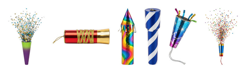 Party popper set including exploding confetti and decorative designs isolated. Celebration and festive event items.