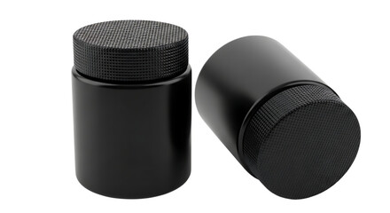 Two black cylindrical objects with textured tops isolated on transparent background
