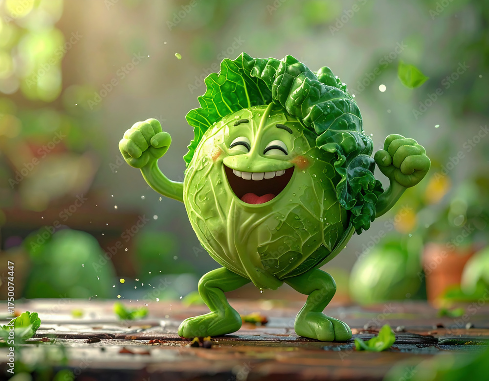 Cute animated cabbage character with a big smile and flexed arms ...