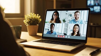 Shoulder view of a person participating in a group video conference call with a diverse team of smiling colleagues for a remote business meeting