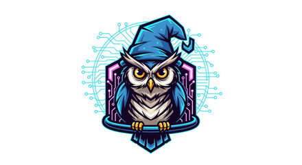 Whimsical owl wizard with technology circuit background for innovative branding and educational content creation needs today in modern designs