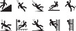 © PixelSaga MH2  - Collection of Black and White Icons Depicting Various Falling Hazards and Accidents danger warning on white background also transparent background