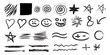 © MdMohiuddin - Collection of hand drawn black sketch elements including scribbles hearts smiley faces stars and abstract shapes on white background