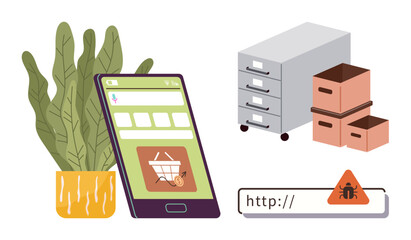 Smartphone with shopping cart app, file cabinet, boxes, and security warning in URL bar. Ideal for e-commerce, cybersecurity, online shopping, data organization technology software safety. Simple