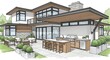 © Binti - Architectural Sketch of a Modern Home with Outdoor Kitchen and Patio.